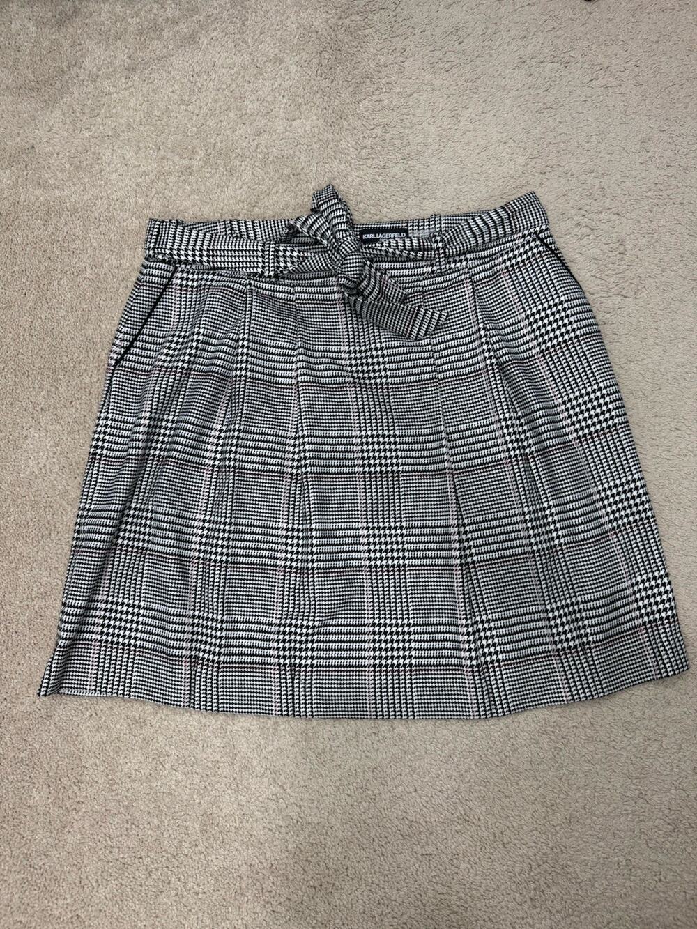 KARL LAGERFELD PARIS Plaid Mini Skirt Bow Accent Zip Black/White/Pink Sz 12 246
